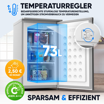 Stillstern Gefrierschrank C (73L) 4-Sterne-Gefrierfach -18°C, geringer Energieverbrauch, 3 Fächer, stufenlos regelbare Temperatur, wechselbarer Türanschlag, Gefrierschrank Klein, Tiefkühlschrank