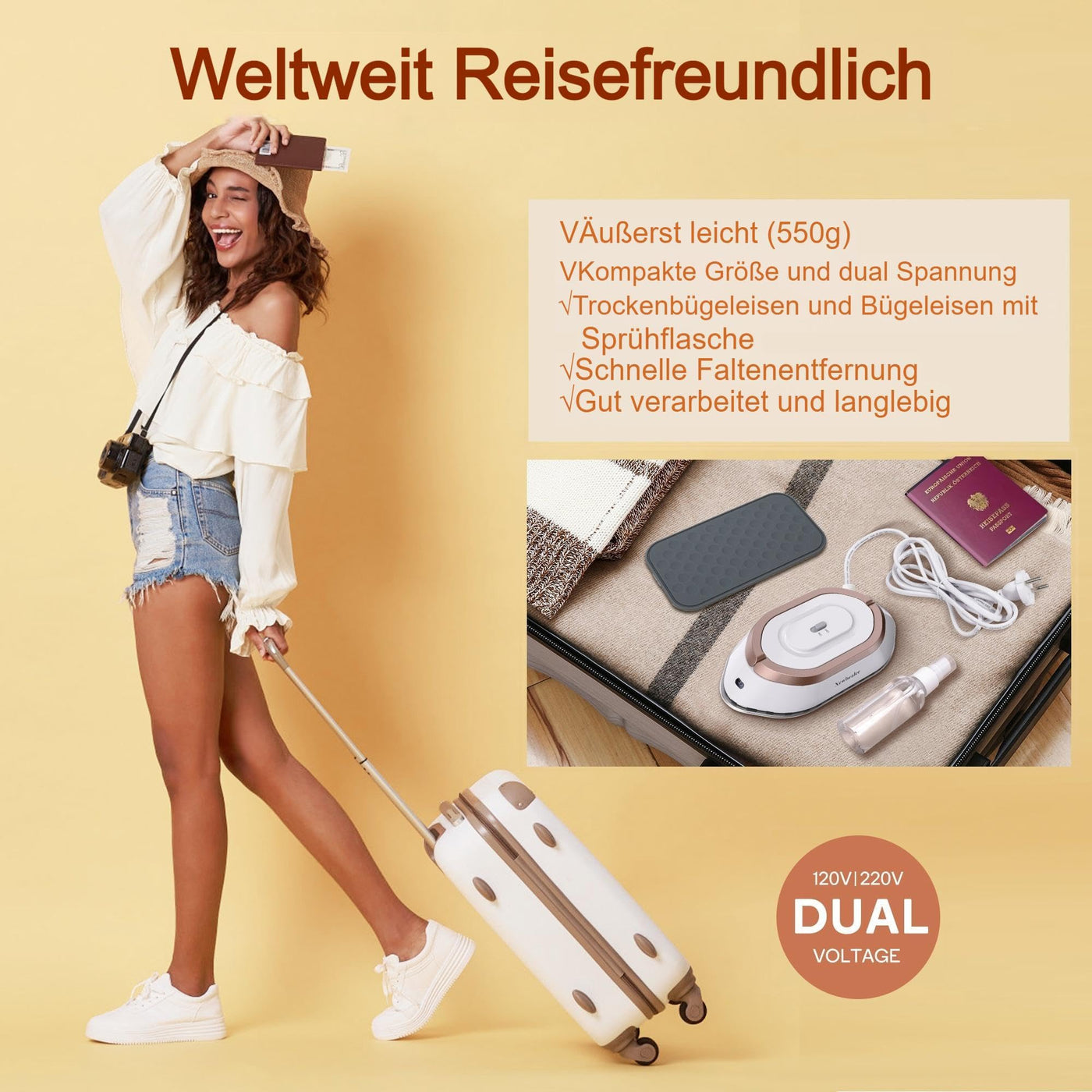 Newbealer Mini Reisebügeleisen mit umschaltbarer Spannung-220V/120V, Kompaktes Bügeleisen für Kleidung (kein Dampf), Keramikfläche, 150 °C Heißpress mit Sprühflasche, Beutel und Silikonständer