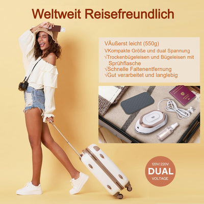 Newbealer Mini Reisebügeleisen mit umschaltbarer Spannung-220V/120V, Kompaktes Bügeleisen für Kleidung (kein Dampf), Keramikfläche, 150 °C Heißpress mit Sprühflasche, Beutel und Silikonständer