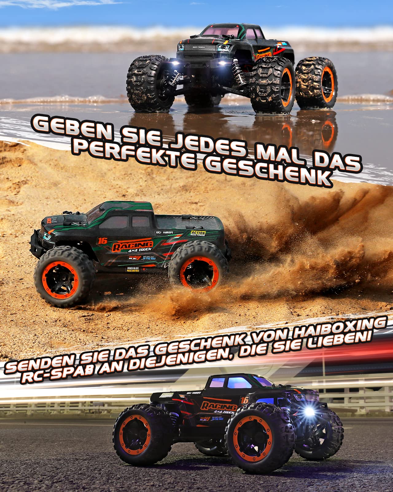 HAIBOXING Ferngesteuertes Auto 1:16 RC Monster Truck, Wasserdichter RTR All Terrain RC Auto 36 km/h, ferngesteuertes Spielzeug für Kinder und Erwachsene
