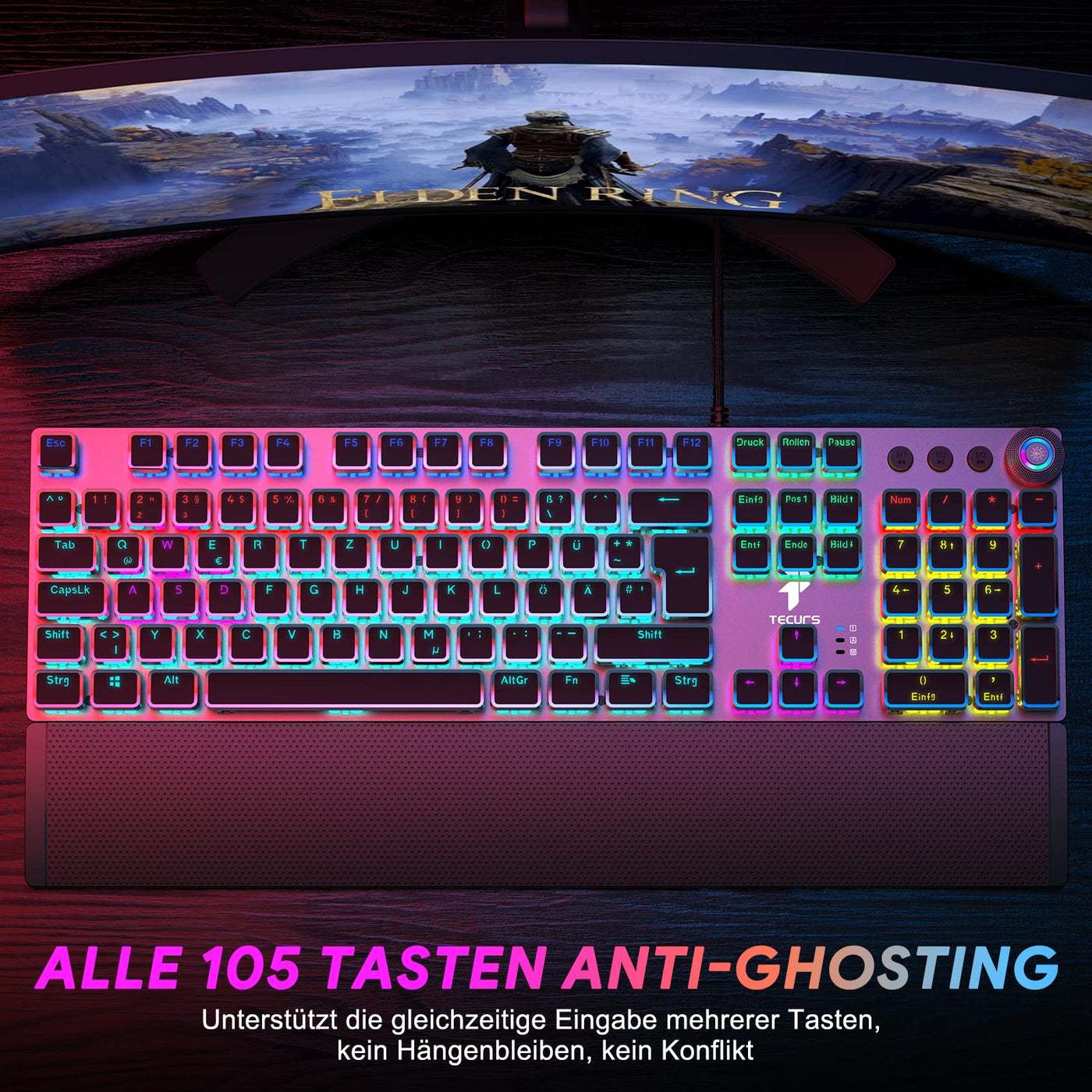 TECURS Mechanische Gaming Tastatur - QWERTZ Mechanical Keyboard mit Magnetische Handgelenkauflage, Multimedia-Tasten, 105 Tasten Kabelgebundene Rote Schalter Tastatur für PC/PS5/PS4, 19 LED Modi