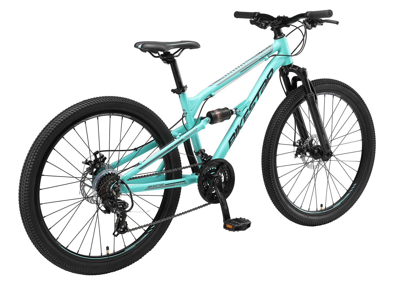 BIKESTAR Fully Aluminium Mountainbike Shimano 21 Gang Schaltung, Scheibenbremse 26 Zoll Reifen | 16 Zoll Rahmen Alu MTB Vollgefedert | Mint