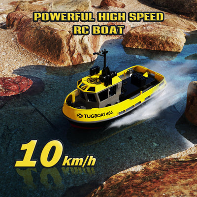 tech rc 1:72 Ferngesteuertes Boot mit 2 Akku(3.7V 600mAh), 2.4Ghz Rc Boot 10km/h 40Mins Laufzeit, Tugboat mit dekorativen Teilen für Kinder für Schwimmbäder und Seen (Gelb)