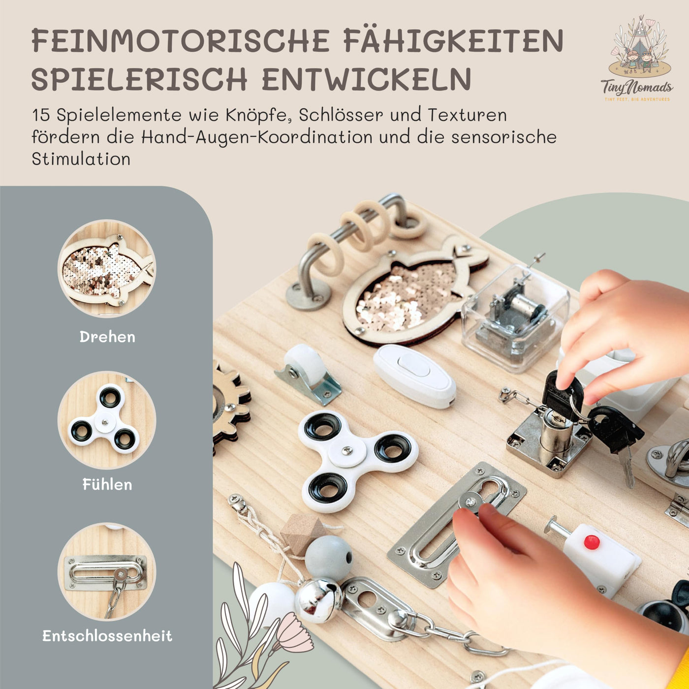 Tiny Nomads Montessori Busy Board motorikbrett ab 1 2 3 4 Jahr - Motorikboard für Baby Sensorik Activity Board holzspielzeug Autismus & ADHS geeignet