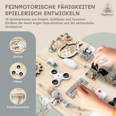 Tiny Nomads Montessori Busy Board motorikbrett ab 1 2 3 4 Jahr - Motorikboard für Baby Sensorik Activity Board holzspielzeug Autismus & ADHS geeignet