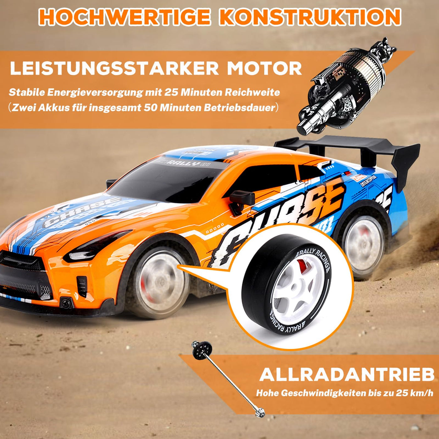 JONRRYIN Drift Ferngesteuertes Auto, 1:14 RC Drift Car, 4WD Fernbedienung Rennwagen mit Driftfunktion, LED-Leuchten, 25km/h, Spielzeugauto für Erwachsene und Kinder ab 8 Jahre älter