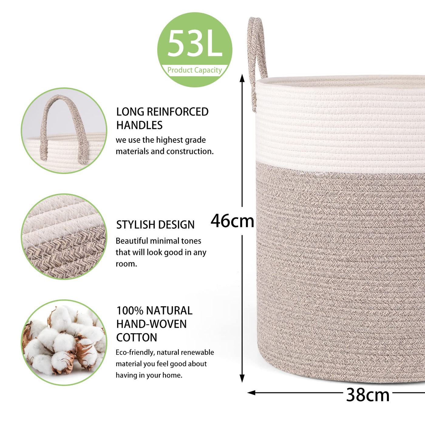 VORHOT Wäschekorb Geflochten aus Baumwolle, 53L Wäschesammler mit Henkel, Laundry Basket Aufbewahrungskorb Spielzeug, Korb Wäschebox für Wäschekammer Kinderzimmer Wohnzimmer Bad, 46x38cm