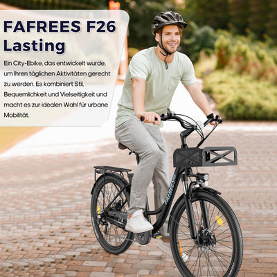 Fafrees F26 Lasting ebike 26 Zoll, E Bike Damen Herren 36V 20.3Ah Akku, Elektrofahrrad 250W 25km/h, City E-Bike Reichweite 80-200km, E Fahrrad Pedelec 7S, Belastung 120Kg (Schwarz)