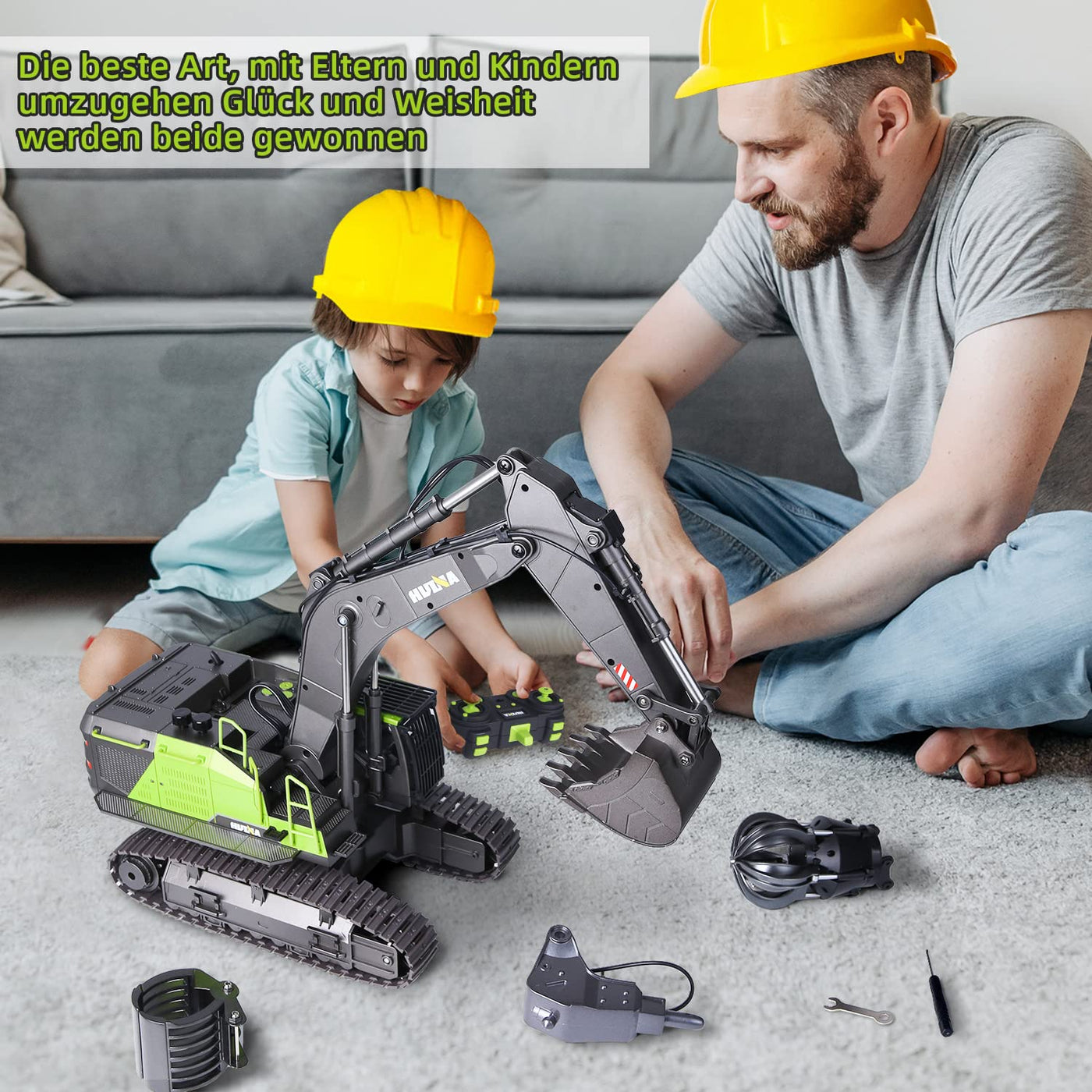 Generisch Huina 1593 Ferngesteuertes Baggerspielzeug, RC-Bagger-Sandkasten mit voll funktionsfähiger Bagger-Fernbedienung und Metallschaufel, ferngesteuert, mit Akku und Ladegerät, 2 Akkus, 3 Aufsätze