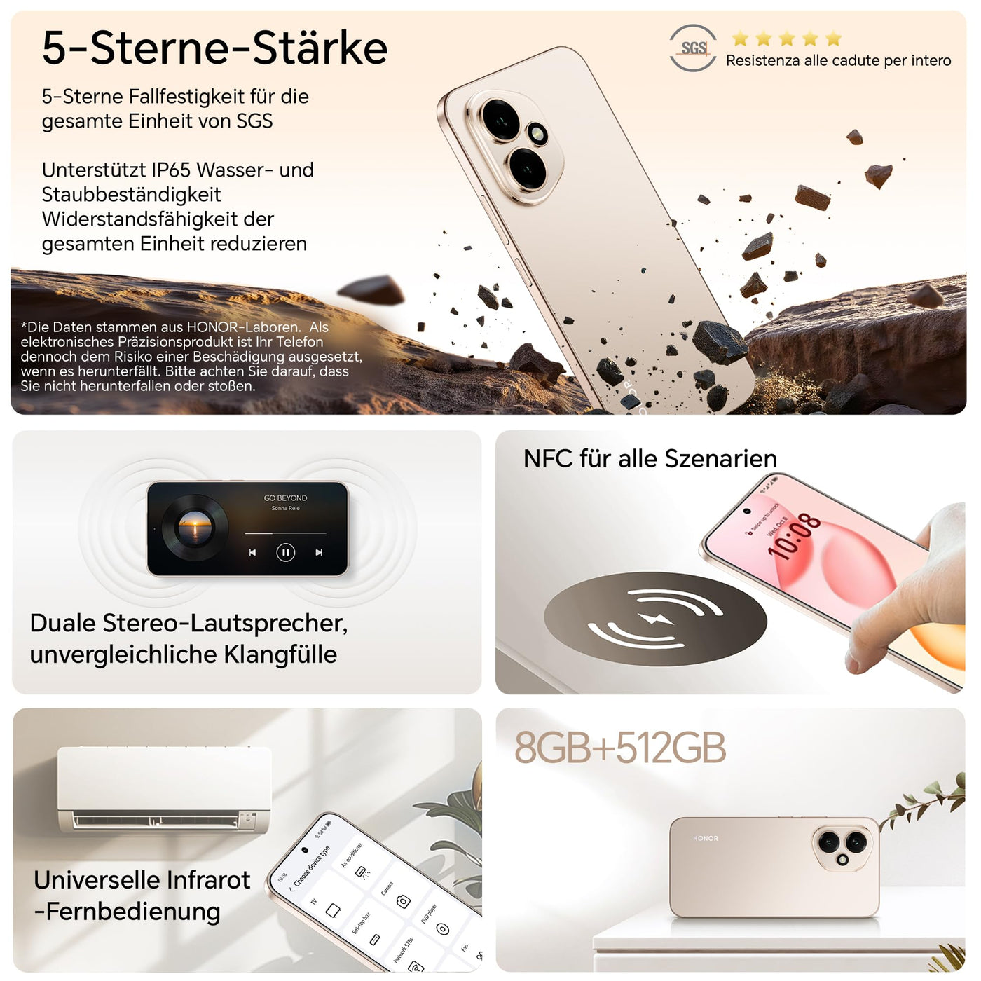 HONOR 400 Smartphone 5G, Dual SIM, NFC,512GB/8GB RAM, Simlockfrei Android-Handy (200MP AI-Kamer, 6,55 Zoll AMOLED Eye Comfort Display 5000nits,5300 mAh,Snapdragon 7 Gen 3 Smartphone), Desert Gold