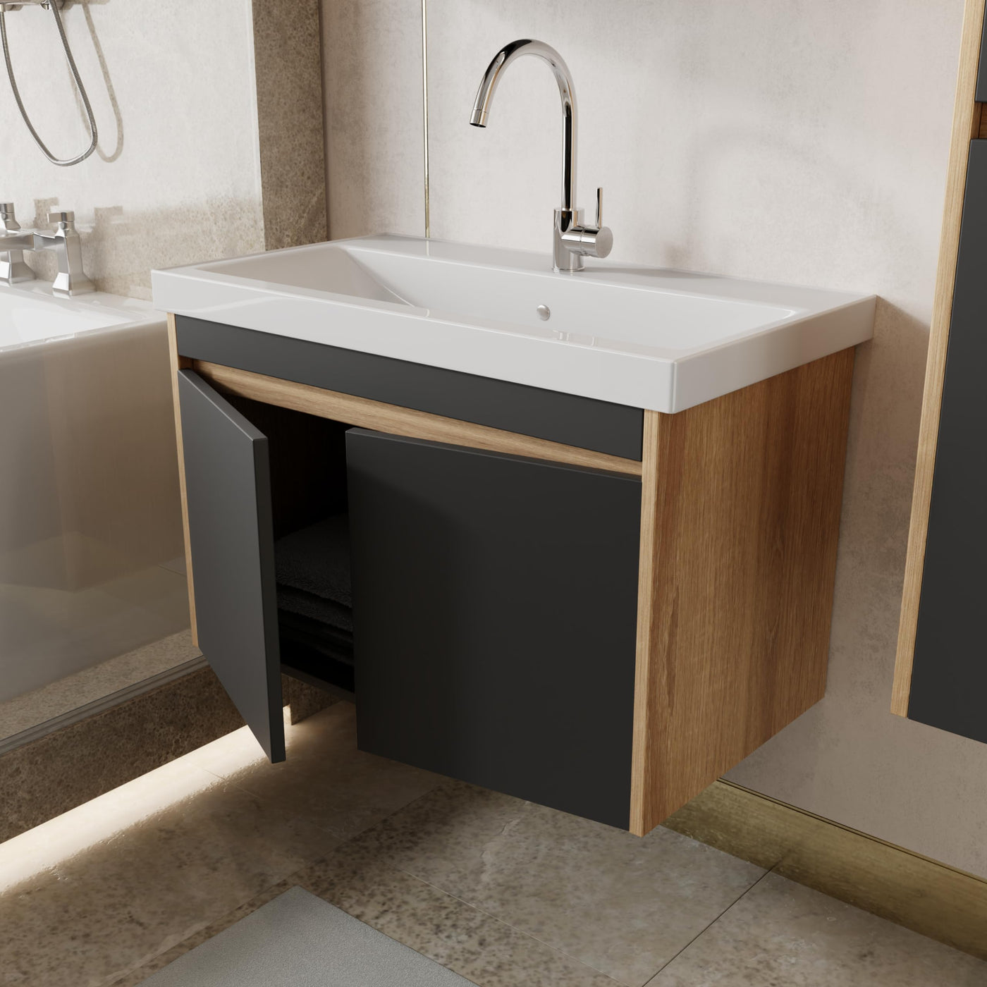 Komplettprogramme Badezimmermöbel Set Dallas 80 cm | Keramikwaschbecken | Spiegelschrank | Unterschrank | Hochschrank | Waschbeckenunterschrank Waschbeckenschrank Badezimmerschrank Badmöbelset