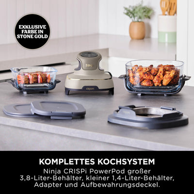Ninja CRISPi tragbare Airfryer Heißluftfritteuse, 3,8 l, 4-in-1: Heißluftfrittieren, Braten, Warmhalten, Recrisp, 6 Portionen, 2x herausnehmbare Glasbehälter & Deckel, 1700 W, Stone Gold FN101EUSTGD