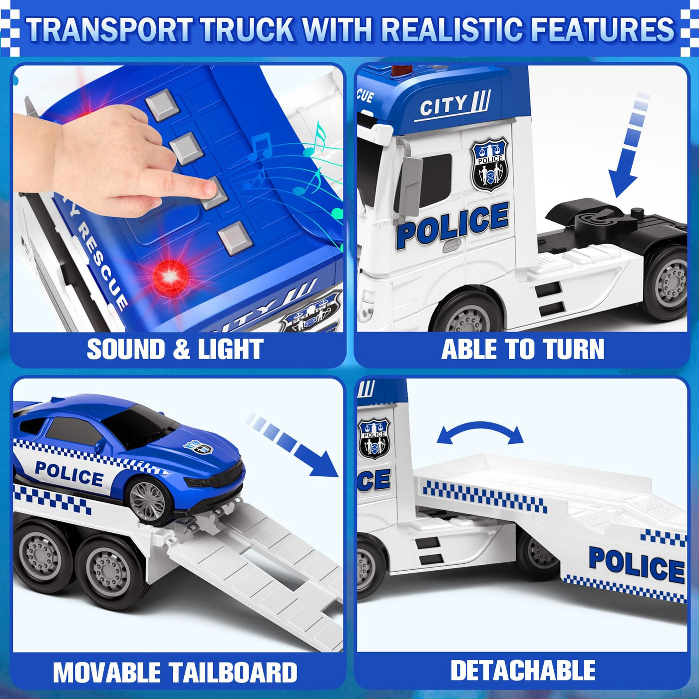 Tacobear Polizei Lastwagen Spielzeug Geschenke ab 2 3 4 5 Junge groß LKW Spielzeug & Hubschrauber Polizeiauto Abnehmbar Anhänger, Reibungsbetrieb Autotransporter Spielzeug Geschenkideen Kinder Jungen