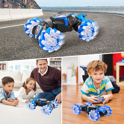 Herenear Ferngesteuertes Auto mit Handsteuerung, 4WD 2.4GHz RC Stunt Car mit Licht und Sprühen, 360° Drehung Crawler Fahrzeug, Doppelseitige Rotierende Off Road RC Twist Car für Kinder (Blau)
