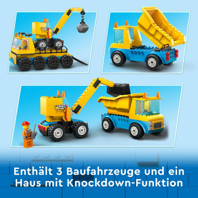 LEGO 60391 City Baufahrzeuge und Kran mit Abrissbirne, Spielzeug mit Bagger, Kipper und Transportfahrzeugen, Lernspielzeug für Kleinkinder ab 4 Jahren