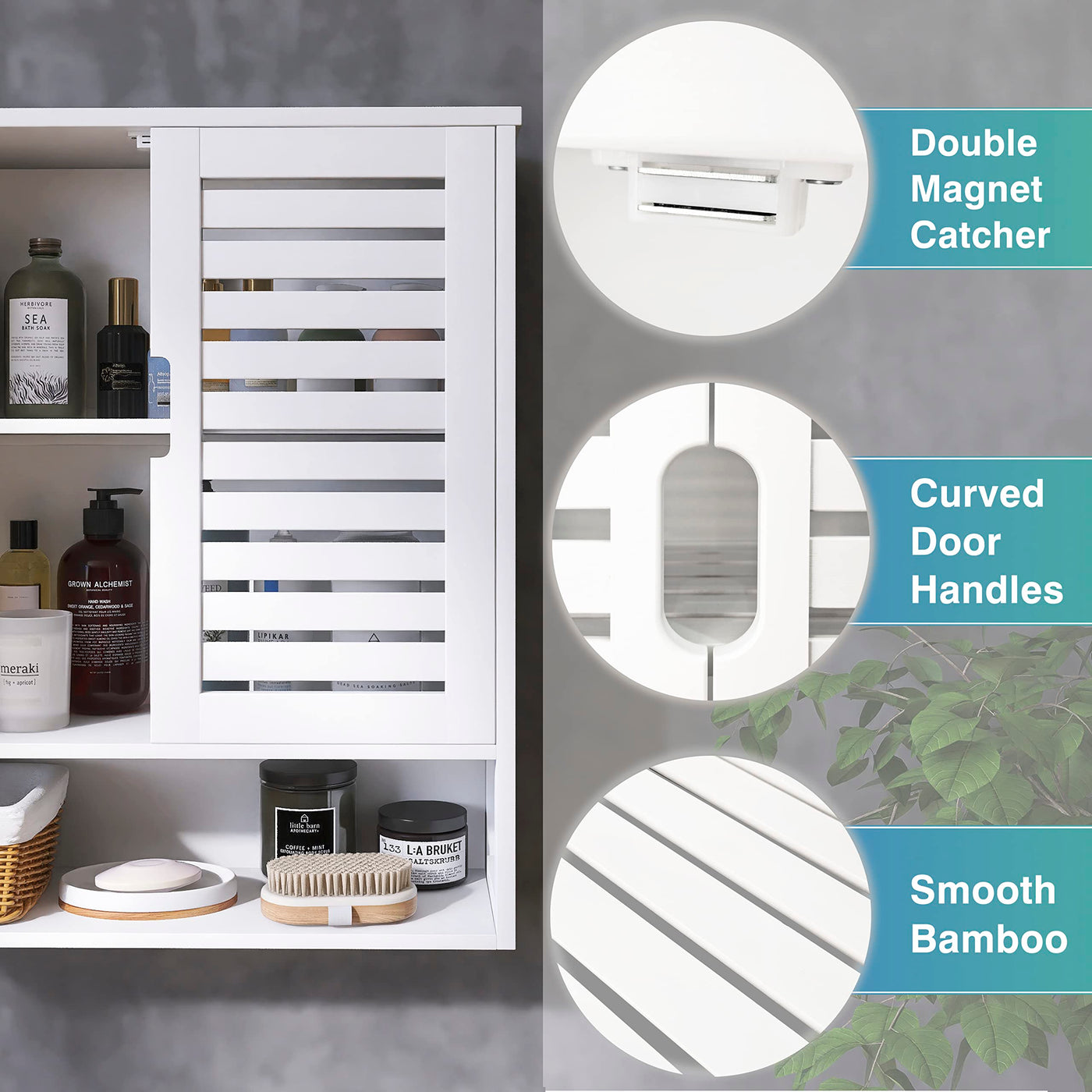 SMIBUY Badezimmerschrank Wandmontage, Bambus über der Toilette Lagerung Veranstalter, Platz sparende Medizin Schrank mit 2 Türen und verstellbaren Regalen (Weiß)