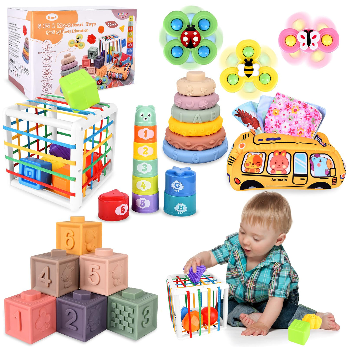 Herenear 6 in 1 Montessori Spielzeug Baby, Spielzeug Baby ab 6 Monate, Motorikspielzeug, Stapelspiel Bausteine, Tissue Box, Montessori Spielzeug ab 1 Jahr, Geschenk für Junge Mädchen