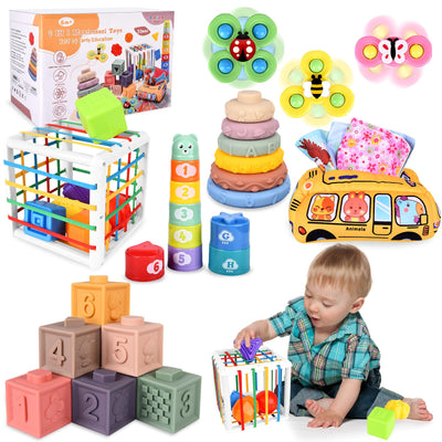 Herenear 6 in 1 Montessori Spielzeug Baby, Spielzeug Baby ab 6 Monate, Motorikspielzeug, Stapelspiel Bausteine, Tissue Box, Montessori Spielzeug ab 1 Jahr, Geschenk für Junge Mädchen