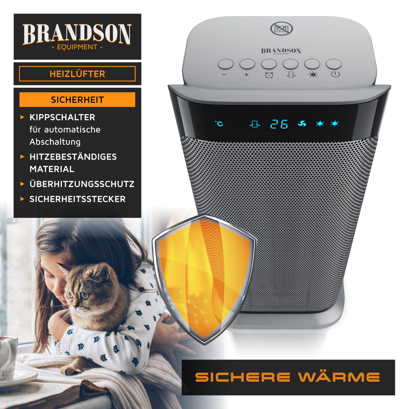 Brandson - Heizlüfter mit Fernbedienung - Preisträger 2025 - energiesparend leise, 2000 Watt Keramik-Heizlüfter Badezimmer - Schnellheizer mit Oszillationsfunktion - Heizung Heater - GS zertifiziert