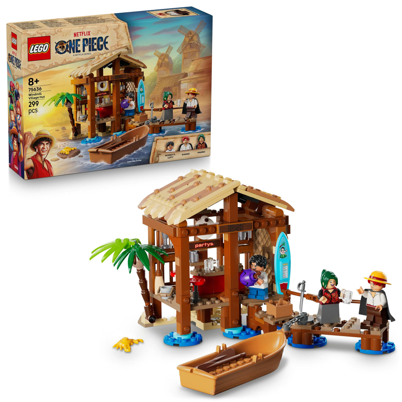 LEGO ONE Piece Windmühlendorf-Hütte - Spielzeug mit Boot, Jungen Ruffy, Shanks & Makino Minifiguren sowie Zubehör - inkl. Steckbrief - Anime-Geschenk für Jungen, Mädchen & Fans ab 8 Jahren - 75636