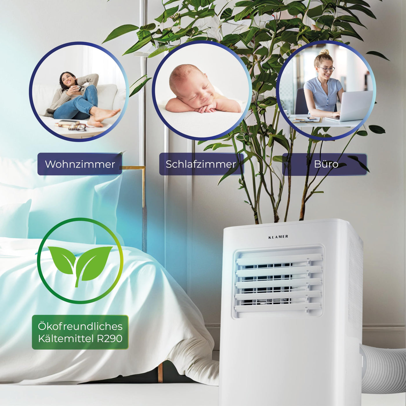 KLAMER Mobile Klimaanlage mit Abluftschlauch und Wassertank, 7000 BTU/h, 3-in-1 Klimagerät für Räume bis 25m², mit Luftentfeuchter, Kühlung und Ventilation für Haus, Wohnung & Büro