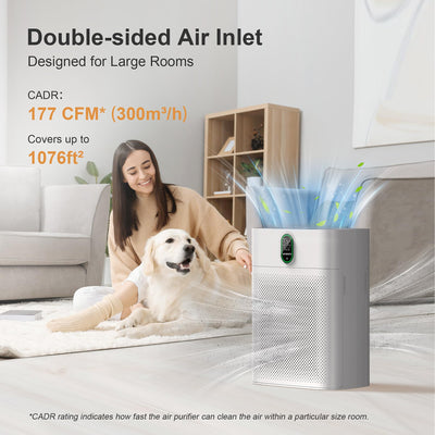 MORENTO Luftreiniger Allergiker für Wohnung Raucherzimmer, HEPA Luftfilter gegen Staub Pollen Tierhaare, CADR 300m³/h für 100㎡, Luftqualitäts-Feedback & Automodus, 24dB Air Purifier Timer(Weiß)