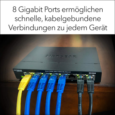 NETGEAR GS308 LAN Switch 8 Port Netzwerk Switch (Plug-and-Play Gigabit Switch LAN Splitter, LAN Verteiler, Ethernet Hub lüfterlos, robustes Metallgehäuse mit Ein-/Ausschalter), Schwarz