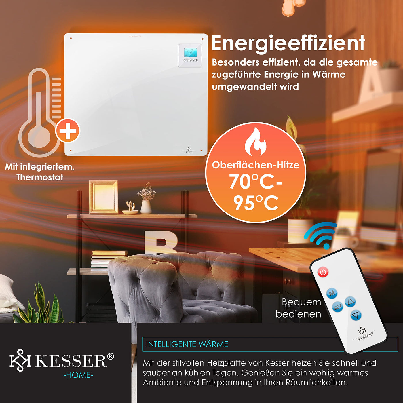 KESSER® Infrarotheizung mit Fernbedienung ✓ LCD-Display Digital ✓ Timer ✓ Wandheizung ✓ Infrarot ✓ Heizung ✓ Heizkörper | Heizpaneel | Inkl.Standfüßen NEU | 550 Watt