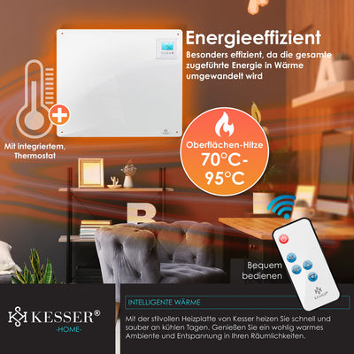 KESSER® Infrarotheizung mit Fernbedienung ✓ LCD-Display Digital ✓ Timer ✓ Wandheizung ✓ Infrarot ✓ Heizung ✓ Heizkörper | Heizpaneel | Inkl.Standfüßen NEU | 550 Watt