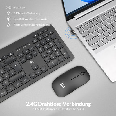 Rii Leise Tastatur Maus Set kabellos, Funktastatur mit Maus, Wireless Keyboard and Mouse, Für PC/Laptop/Windows/Smart TV, Deutsches Layout - schwarz