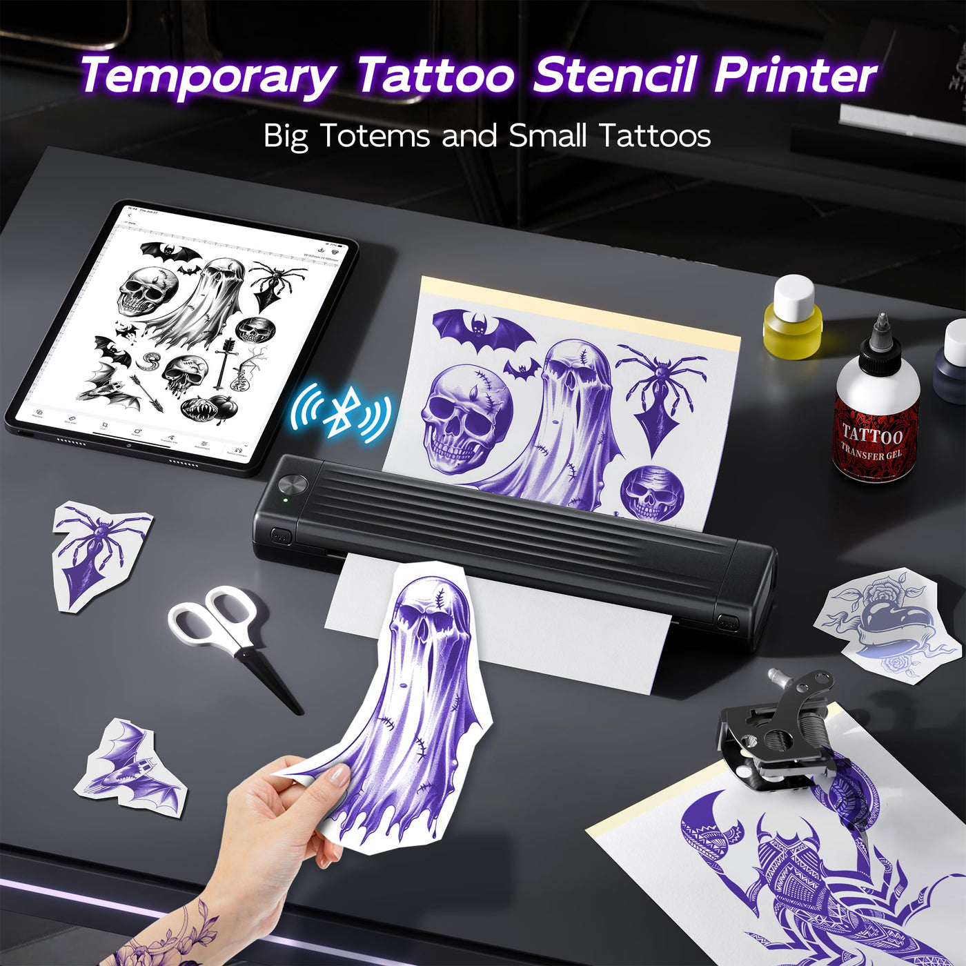 Itari A886 Tattoo Stencil Drucker Bluetooth, Schablone Drucker Kompatibel mit Smartphone & PC, Thermodrucker Tattoo Maschine Nadeldrucker mit 10 Blätter Papier für Anfänger und Künstler, Schwarz