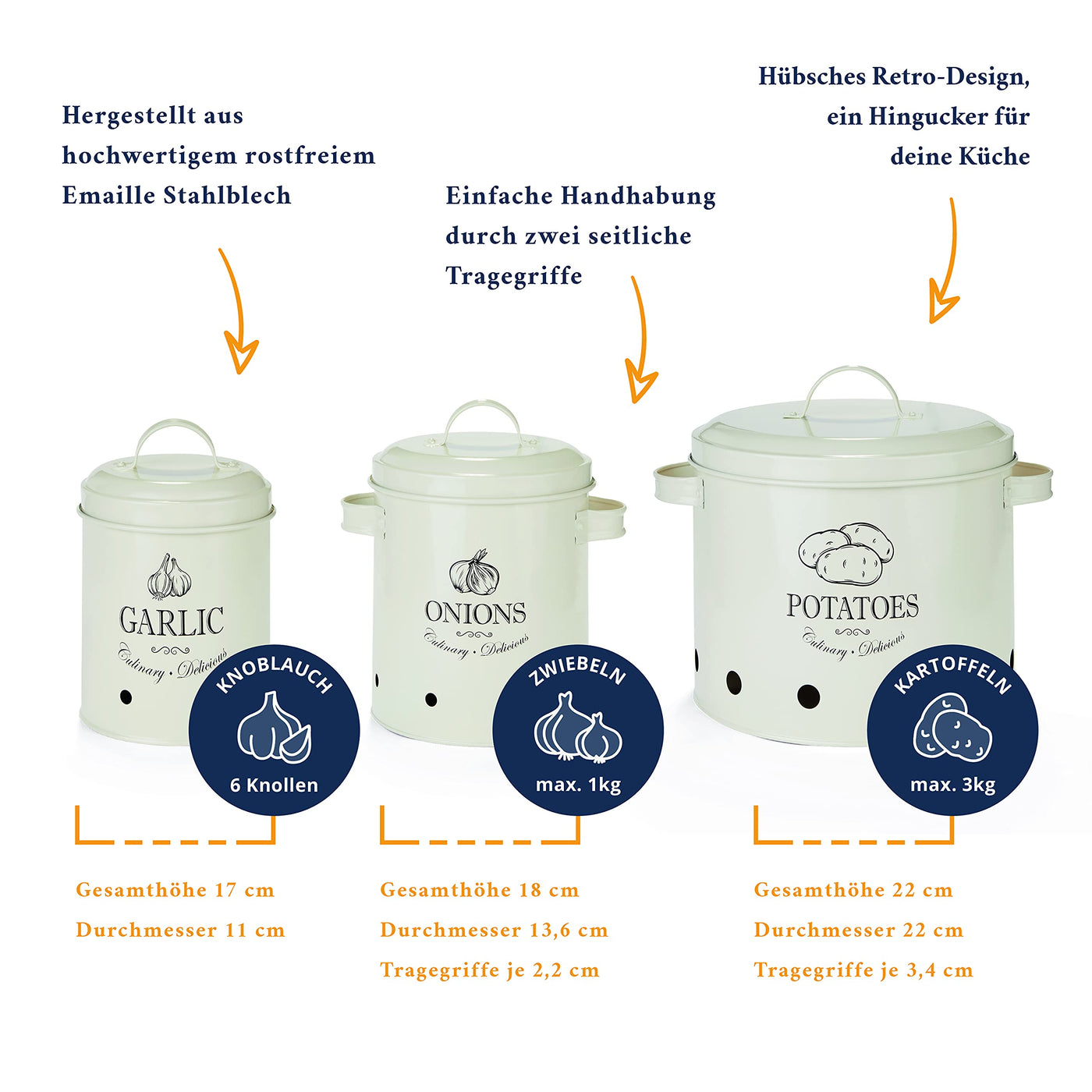 HIKITCHEN® Vorratsbehälter-Set für länger frisches Gemüse (creme weiß) - Stilvolle Kartoffel-, Knoblauch- und Zwiebel-box/topf - Gemüsebehälter