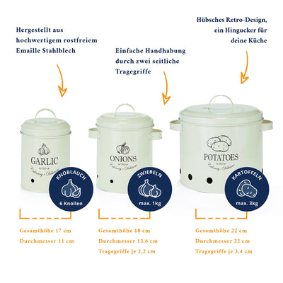 HIKITCHEN® Vorratsbehälter-Set für länger frisches Gemüse (creme weiß) - Stilvolle Kartoffel-, Knoblauch- und Zwiebel-box/topf - Gemüsebehälter