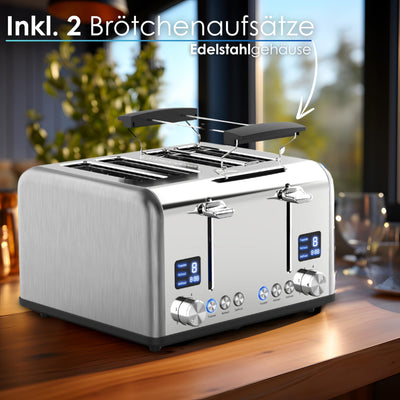 Steinborg Toaster Langschlitz | Digitales Display mit Countdown | Beleuchtete Tasten | 4 Scheiben Toastautomat | XXL Toaster | 1630 Watt | Brötchenaufsatz | Auftau-Funktion | Krümmelschublade |