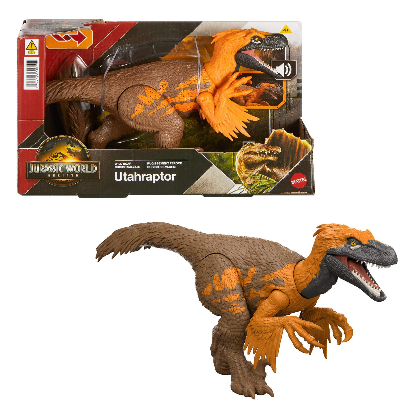 Mattel Jurassic World: Die Wiedergeburt Wild Roar Utahraptor Dinosaurierspielzeug mit steuerbarem Beiß-Angriff in mehrere Richtungen und Brüllgeräusch, beweglich, Spielmöglichkeiten, JGC80