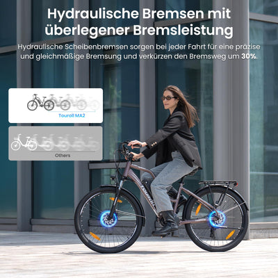 Touroll MA2 27.5'' E-Bike für Erwachsene, Cityräder Elektrofahrrad mit 250W 70N.M Mittelmotor Motor und 36V 468Wh Akku, Reichweite 100km, Hydraulische Scheibenbremse Ebikes für Herren Damen (Grau)