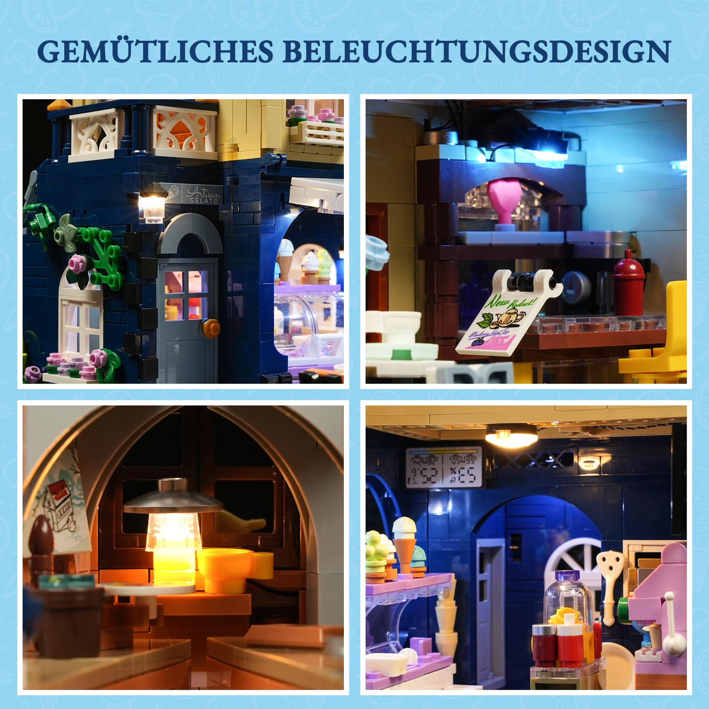 FUNWHOLE Stadtleben Eisdiele Klemmbausteine Haus,Modular Building mit Beleuchtung,F9078,Gelato Store