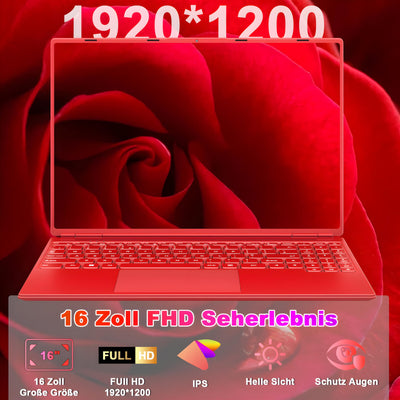 2025 Gaming Laptop 16 Zoll Win11 12+512GB SSD Unterstützung 2TB(HDD-2TB) 1920x1200 Notebook 4-Core Celeron N5095 (bis 2.9GHz) Laptop mit Nummerntastatur WiFi Mini HDMI Deutscher Tastaturschutz-Rot