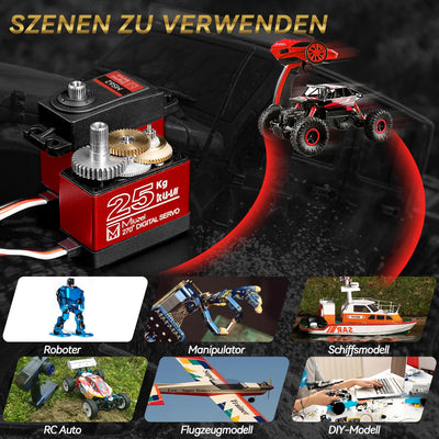 Miuzei Digital Servo 25kg Lenkservo Wasserdicht High Torque Metallgetrieb 270 Grad Servo+motor für mini Rc Auto 1/8 1/10 1/12 Robot Plane Boot mit 25T Horn Servokabel Schrauben 2 Stück