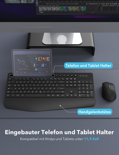 Tastatur Maus Set Kabellos, Ergonomische Tastatur in Voller Größe mit Handgelenkauflage, Telefonhalter, Schlafmodus, Leise 2,4 GHz kabellose Tastatur und Maus für Mac, Windows, Computer, Laptop, PC