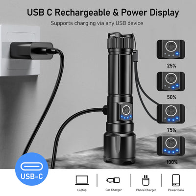 Blukar Taschenlampe LED Aufladbar, 500000 Lumen Extrem Hell Zoombare Taktische Taschenlampen Starke mit 5 Lichtmodi, IP67 Wasserdichte Flashlight Torch für Camping, Wandern, Outdoor, Angeln, Notfäll