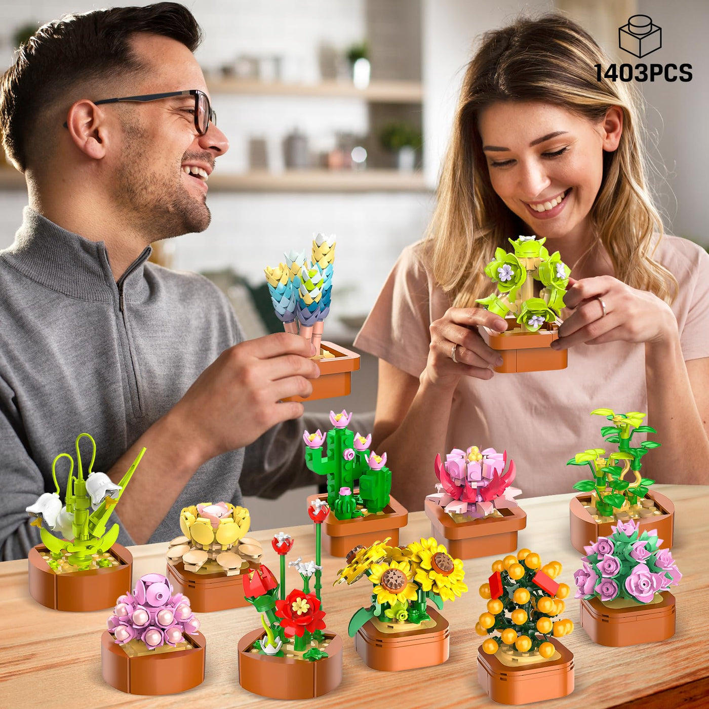 12 Blumen Sukkulenten 3.6MM Mini Bausätze – 1403 Stück Botanisches Set, Büro & Heimdekor, Blumenpflanzen, Bonsai Bausteinspielzeug, kreatives Bauprojekt für Erwachsene, Geschenke für Frauen Kinder 10+