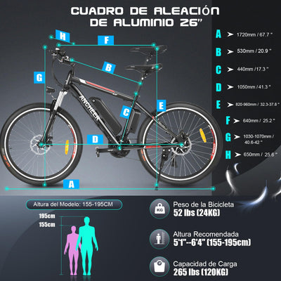 ANCHEER 26 Zoll E-Bike/Mountainbike Herren, Elektrofahrrad/Pedelec mit 36V 10.4Ah Akku | Bis 100KM Reichweite & 21 Gang und 250W Hinterradmotor für 25 km/h