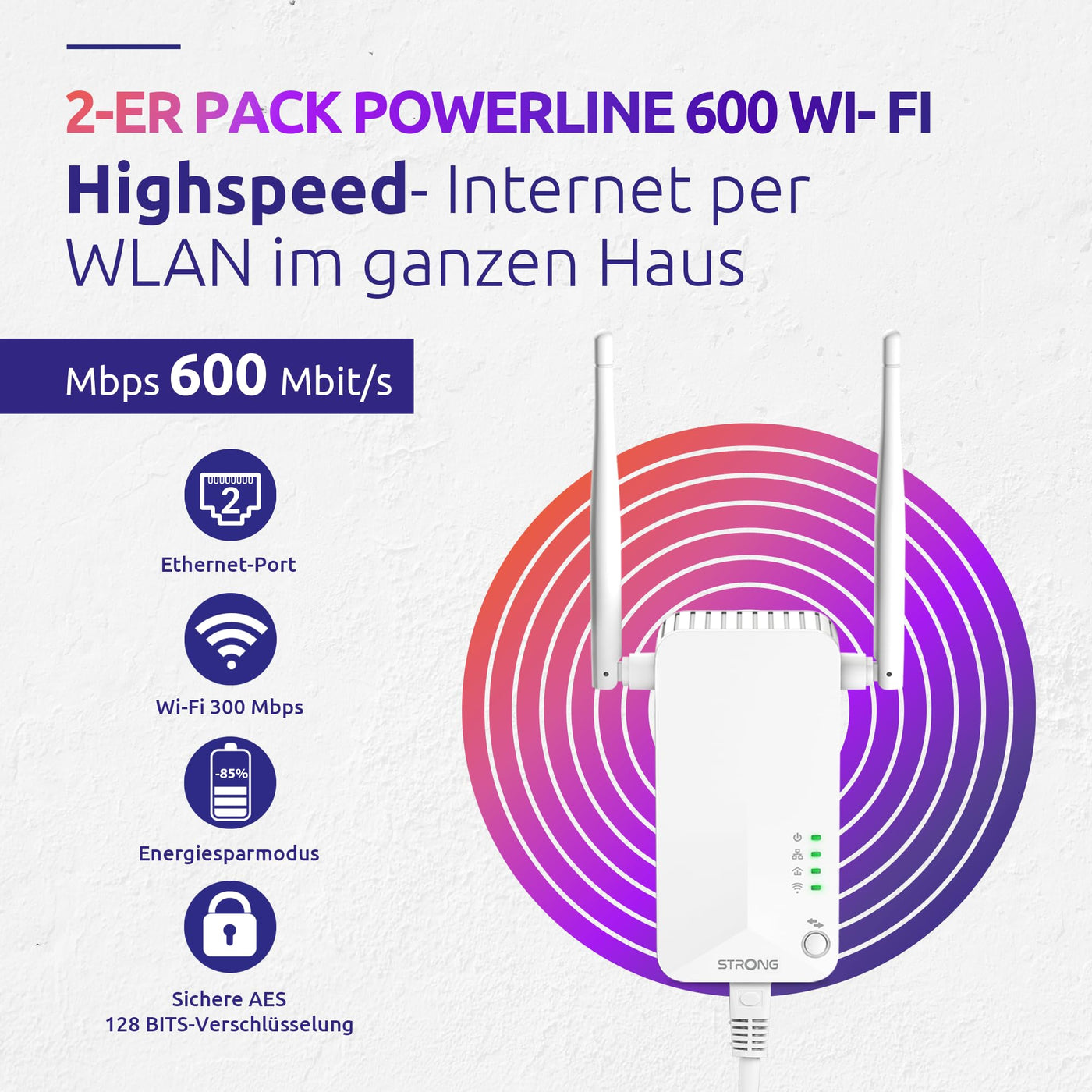 STRONG | Powerline 600 Duo Wi-Fi EU Set | Powerline 600 Mbps + WLAN Adapter 300 Mbps, Fast-Internetzugang | integrierte Steckdose | 300 m Reichweite | Für alle Router | Hotspot + Ethernet | weiß