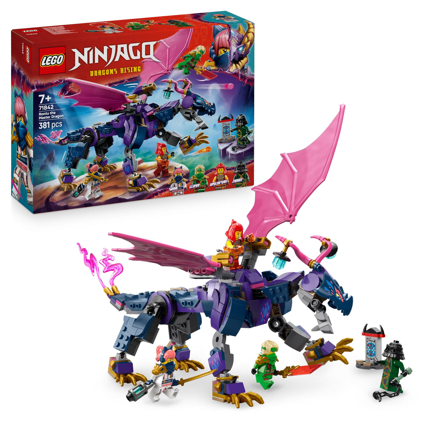 LEGO NINJAGO Rontu der Meisterdrache -Bewegliche Drachen-Figur mit Shootern - 4 Minifiguren, inkl. Lloyd, Sora & Wyldfyre - Ninja-Spielzeug für Kinder - Geschenk für Jungen ab 7 Jahren - 71842