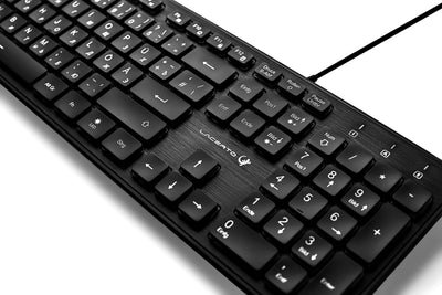 Lacerto® | Bilinguale Russisch-Deutsche beleuchtete Tastatur, USB, Spritzwassergeschützt, Deutsch + Russisch, Russian-German Illuminated Multimedia Keyboard | SPECTRUM-DR500