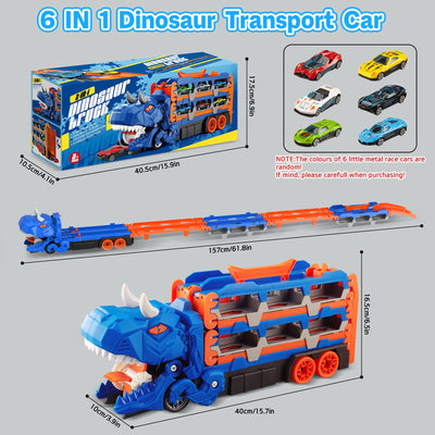 Dinosaurier Transport Truck Spielzeug ab 3 4 5 6 Jahre, 157cm Faltbare Autorennbahn Spielzeugauto mit 6 Rennautos, Tragbares Transporter Spielset Auto Spielzeug Geschenk für Jungen Kinder Mädchen