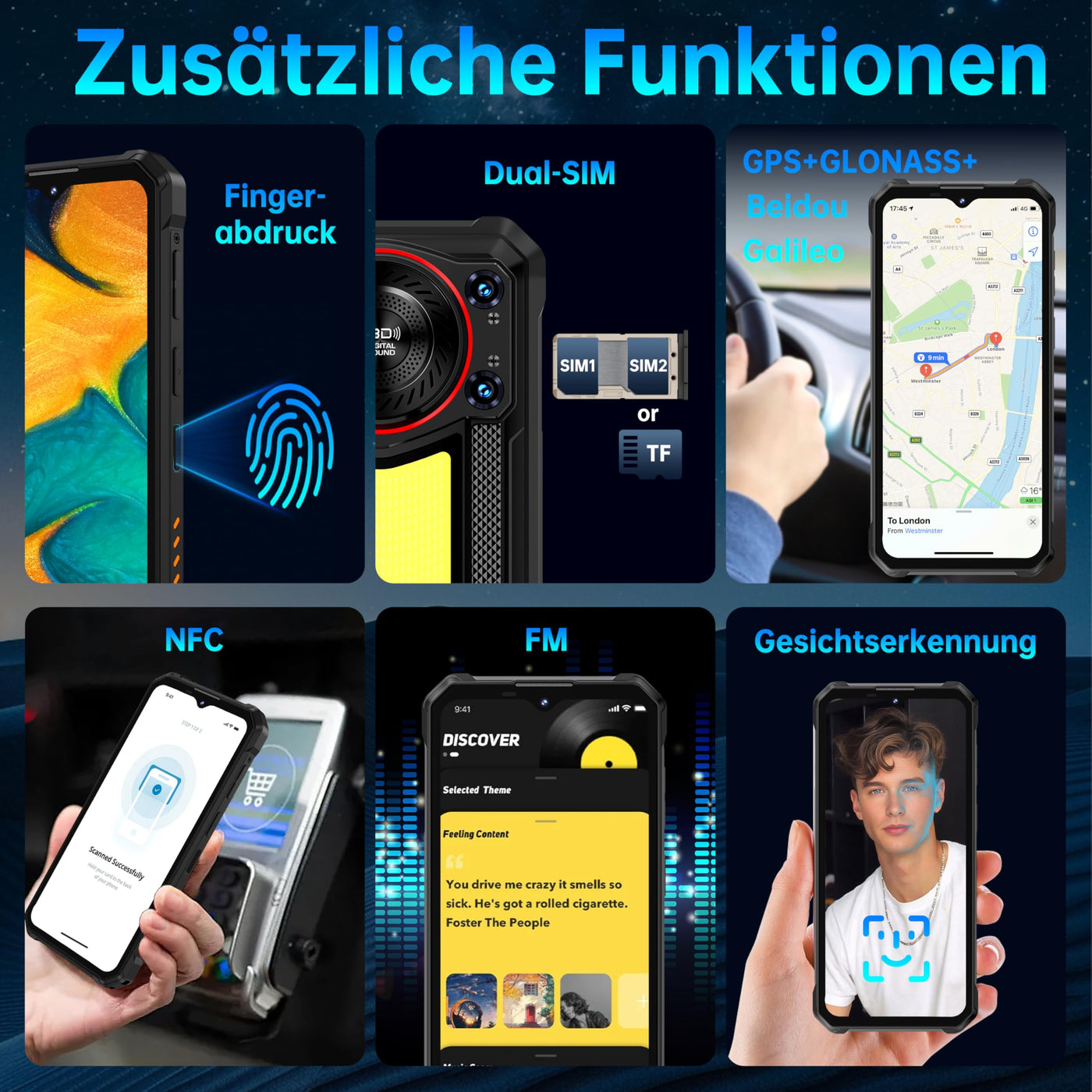 OUKITEL WP53 Pro Outdoor Handy Android 15-11000mAh Outdoor Smartphone Ohne Vertrag 24GB + 256GB, 6.52” Display 128dB Lautsprecher Baustellenhandy mit 900 Lumen Campinglampe, NFC/GPS/Face ID, Schwarz