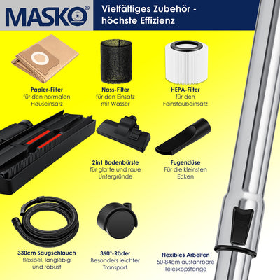 MASKO® Industriestaubsauger 1800Watt Mit Steckdose Blasfunktion | Mehrzwecksauger Trocken-Saugen & Nass-Saugen | Industrie-Sauger mit & ohne Beutel | Wasser-Staubsauger beutellos