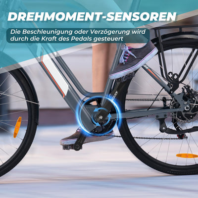 AOIHO E Bike, 28'' EBike Herren E-Bike Damen mit 𝐃𝐫𝐞𝐡𝐦𝐨𝐦𝐞𝐧𝐭𝐬𝐞𝐧𝐬𝐨𝐫, 250W Motor Elektrofahrräder Trekkingrad E Fahrrad mit 6-Gang, 3 Modi, Pedelec Citybike Elektrofahrrad für Erwachsene